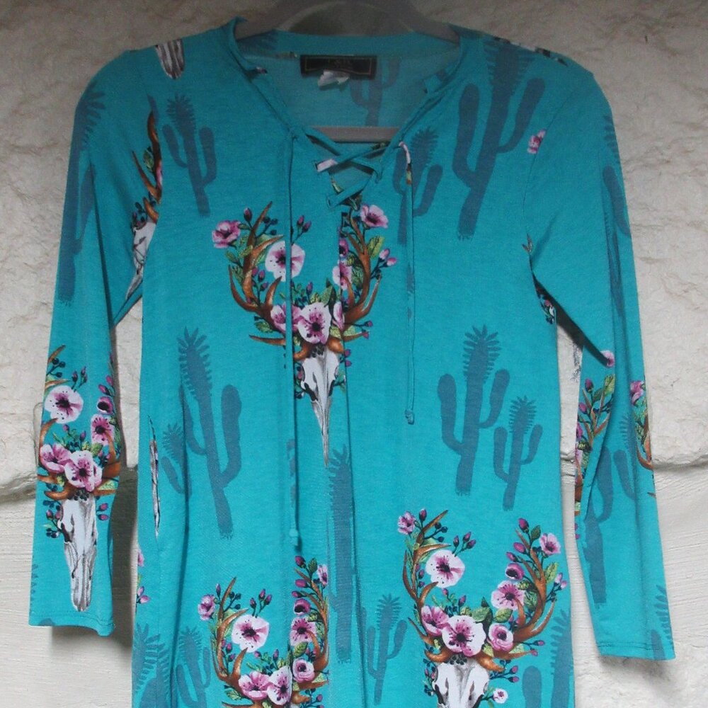 Lucky & Blessed Turquoise Cow Skull and Flowers Tunic
